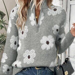 Maria Floral Gray Half Zip Sweater